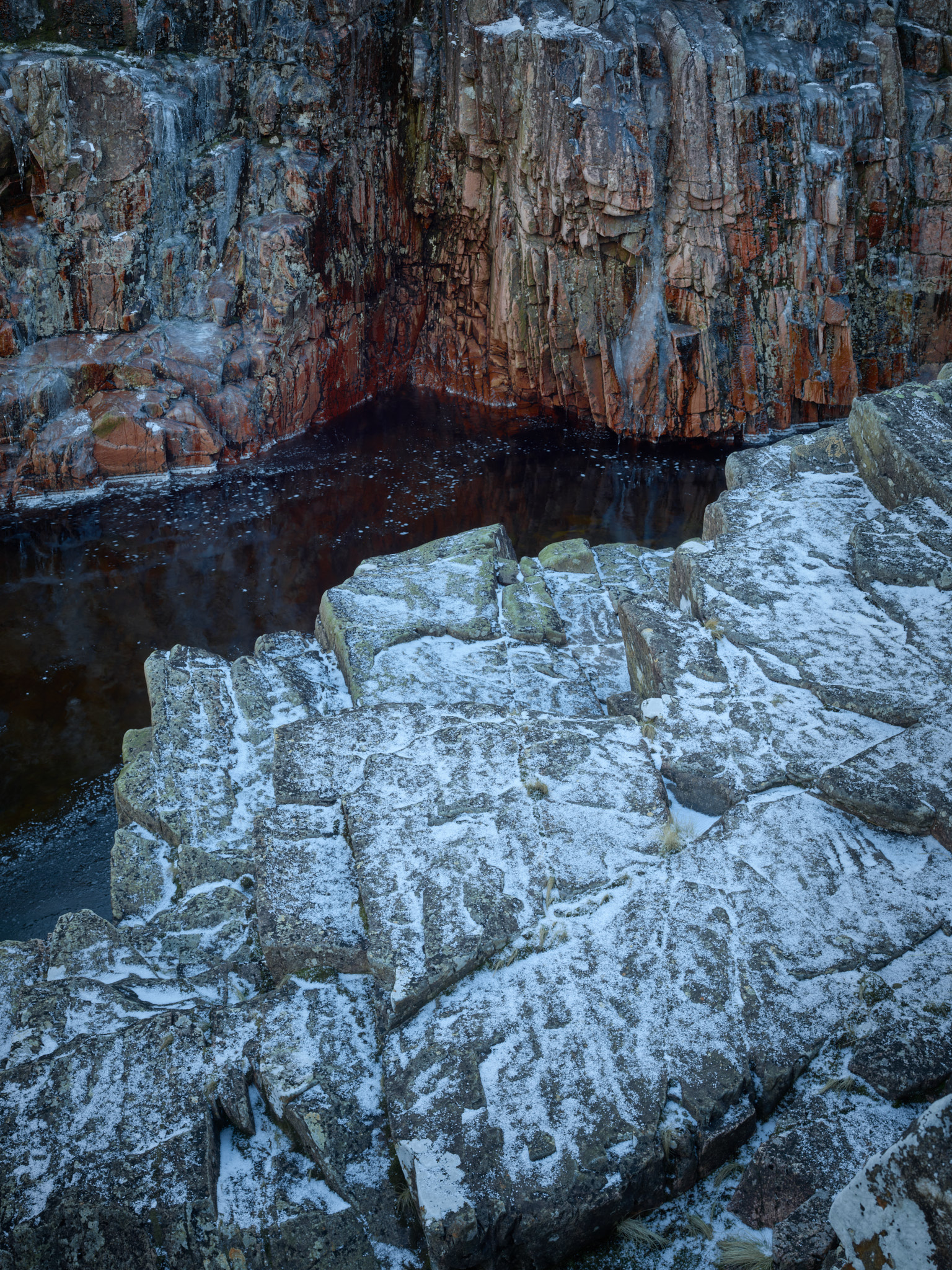 Iced-up red rocks across the River Etive